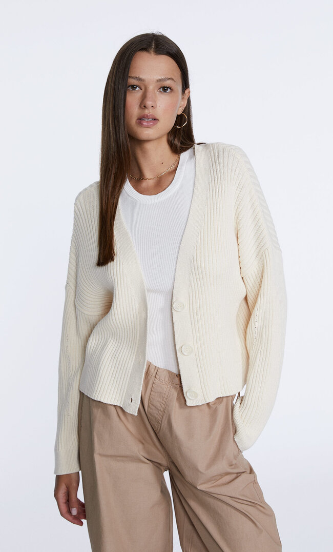 Stradivarius Ribbed Crop Cardigan Vanilla M