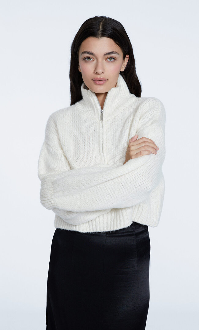 Stradivarius Gefilzter Strickpullover Mit Reißverschluss Ecru Xs