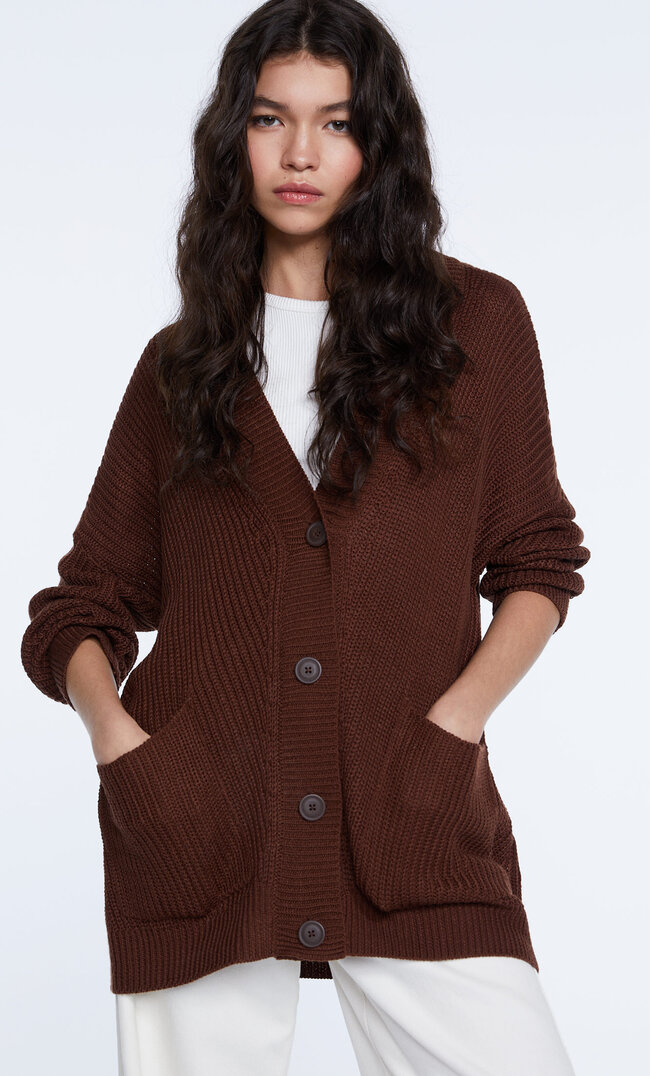 Stradivarius Oversize Cardigan With Pocket Brown Xs