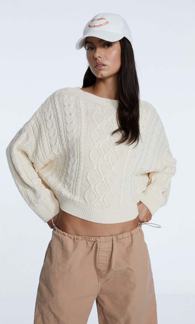 Stradivarius Cropped-Pullover Mit Zopfmuster Vanille L