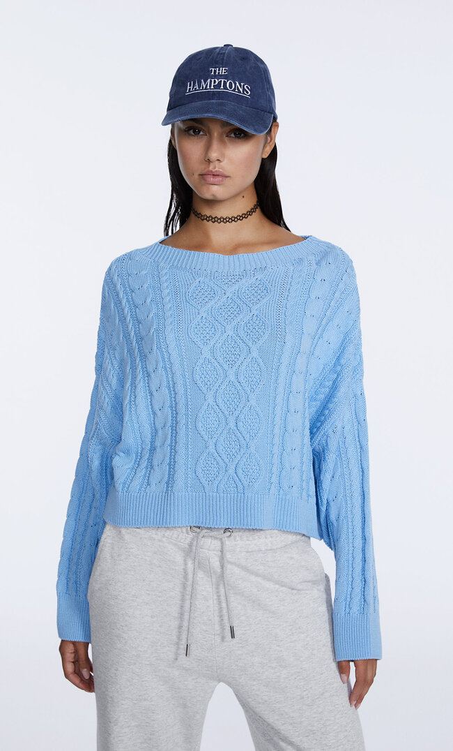 Stradivarius Cropped Cable-Knit Jumper Sky Blue Xs