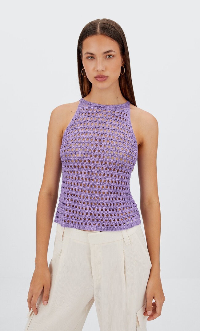 Stradivarius Neckholder-Top Aus Netzstoff Lila M