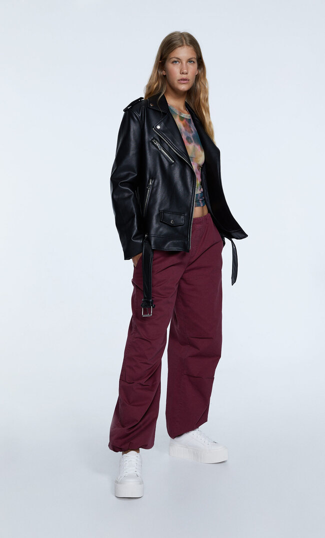 Stradivarius Oversize-Kunstlederjacke Im Bikerlook Schwarz S