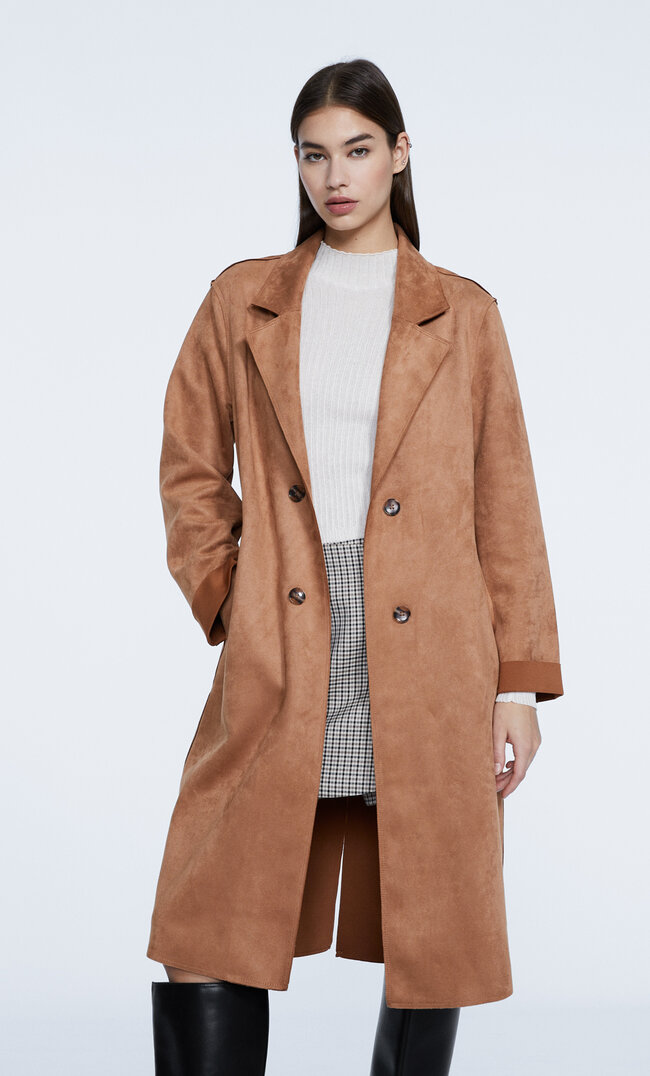 Stradivarius Faux Suede Coat Caramel Xs