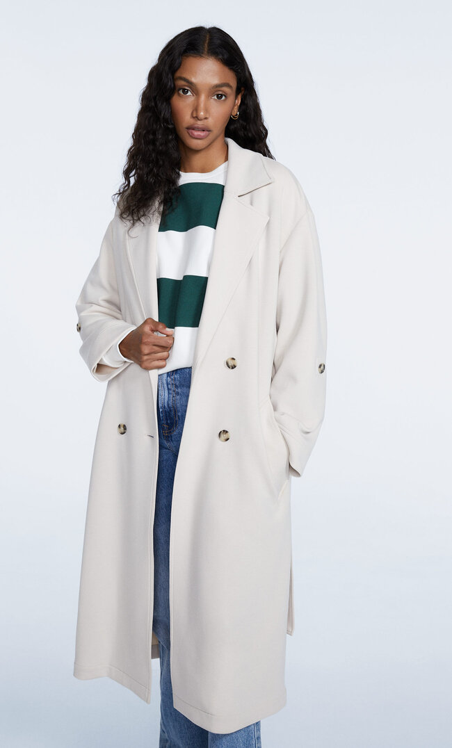 Stradivarius Fließender Strick-Trenchcoat Vanille S