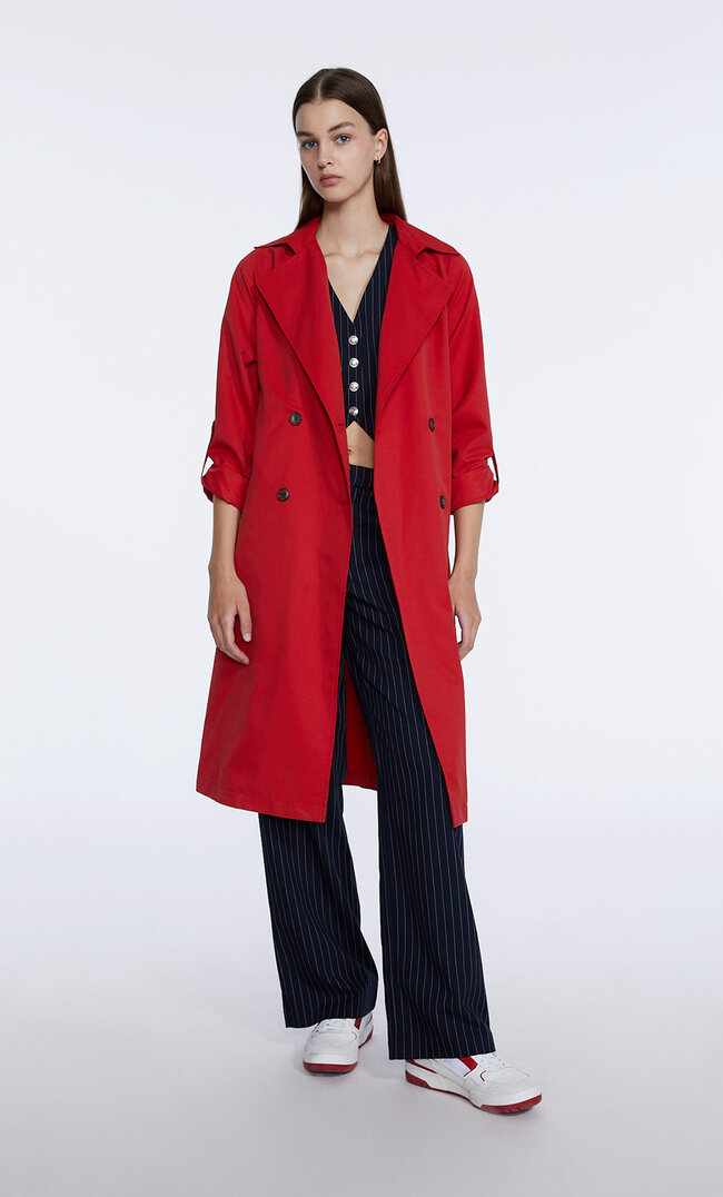 Stradivarius Long Flowing Trench Coat Red Xl