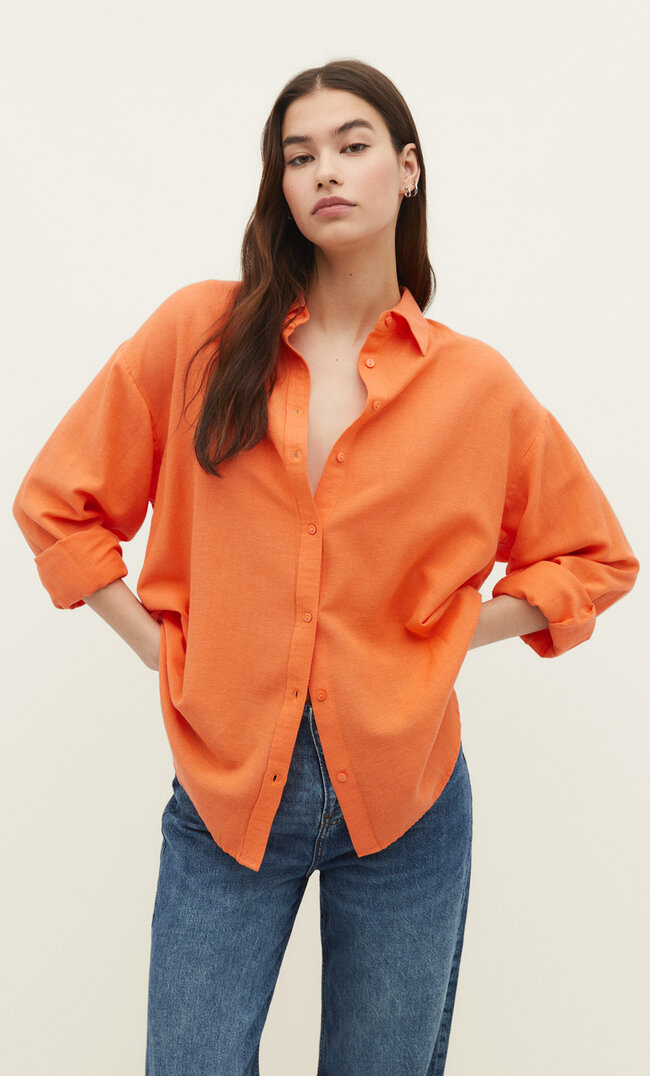 Stradivarius Rustic Everyday Shirt Peach Orange L