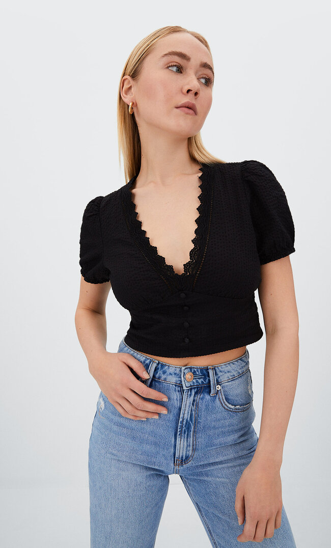 Stradivarius Bluse Mit Kurzen Ärmeln Und Spitze Schwarz Xl