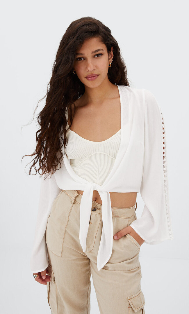 Stradivarius Kurzer Häkel-Kimono Ecru S