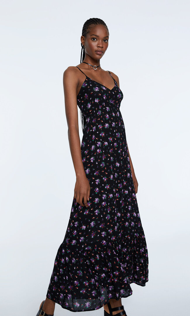 Stradivarius Long Flowing Dress Black M