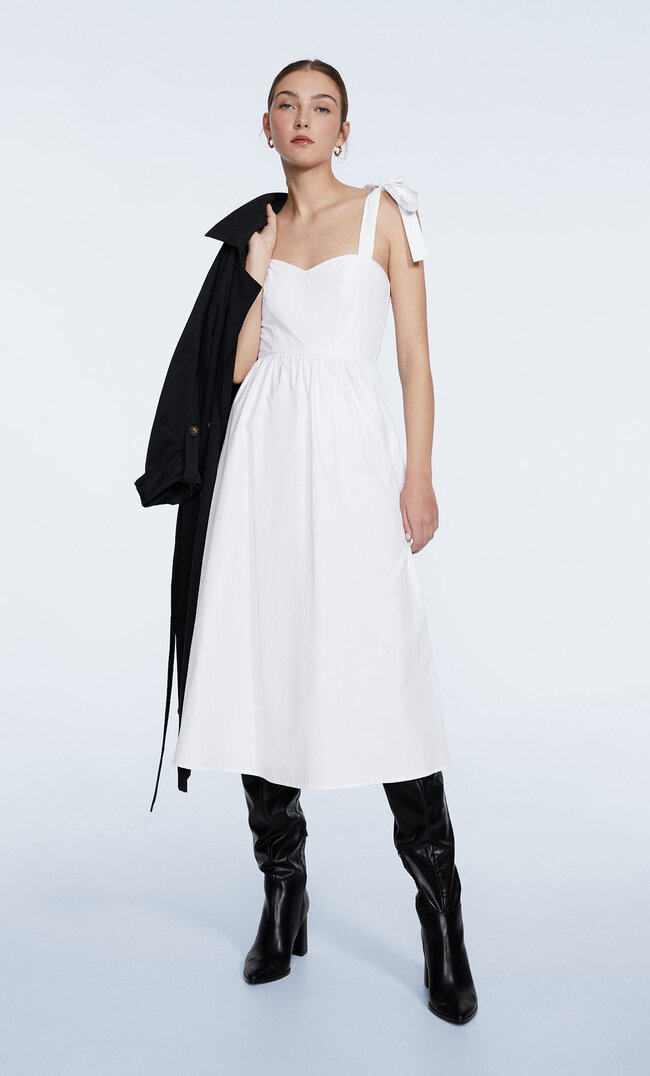 Stradivarius Poplin Midi Dress With Bows White S