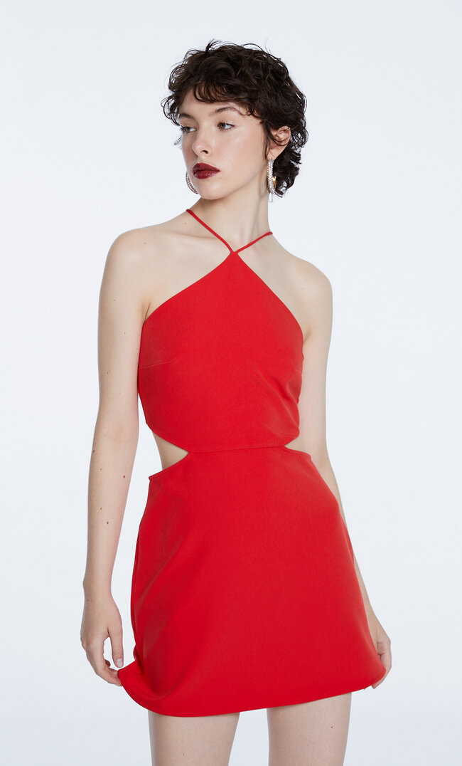 Stradivarius Short Halter Dress With Cut-Outs Red Xs