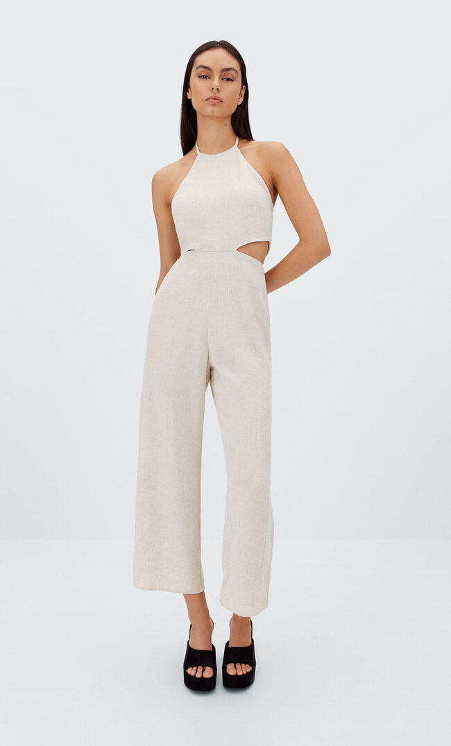 Stradivarius Rustic Halter Jumpsuit Stone M