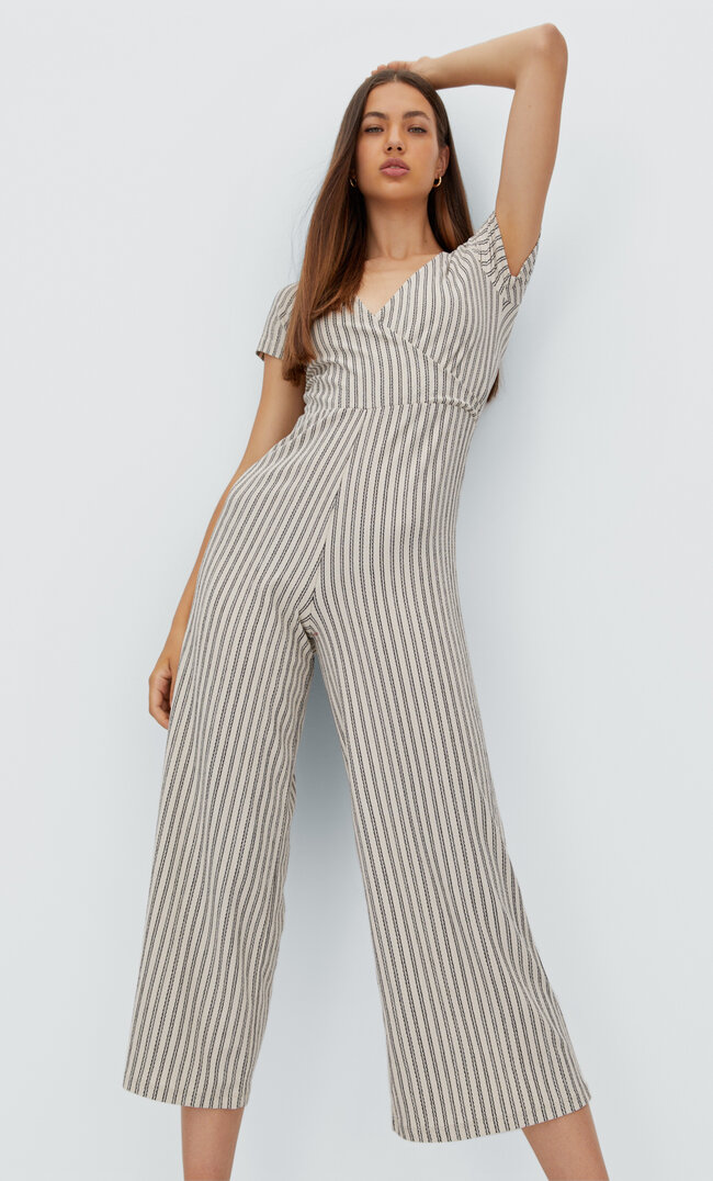 Stradivarius Striped Rustic Jumpsuit Stone Xs