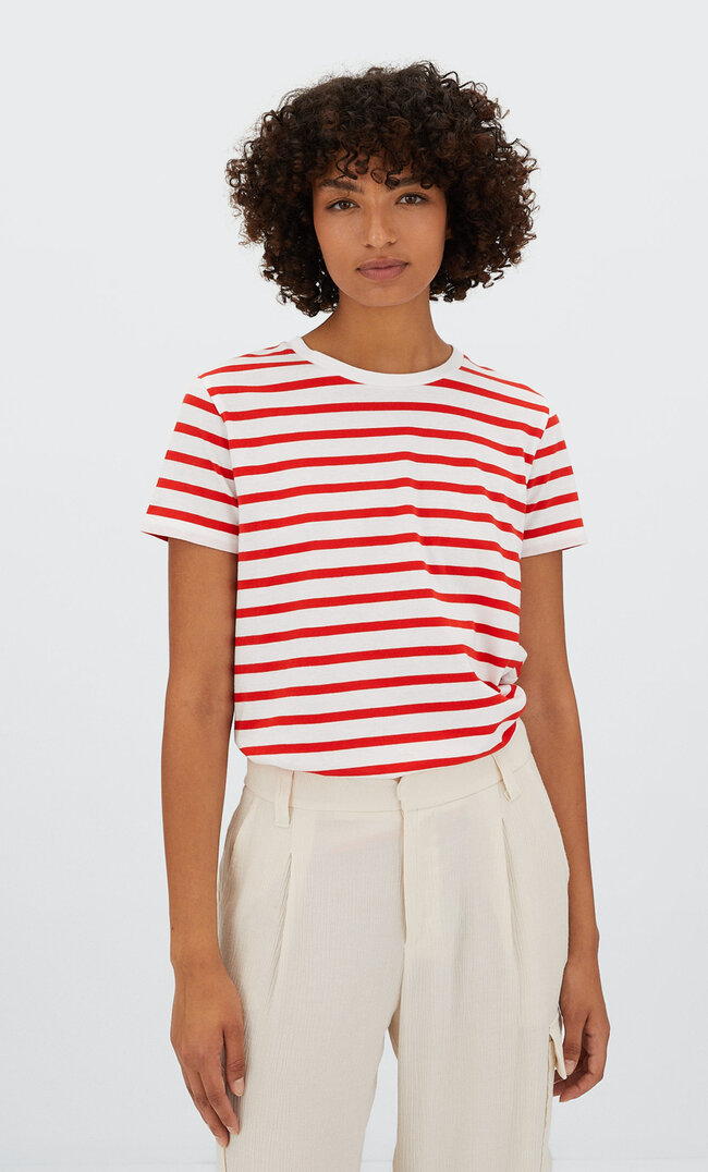 Stradivarius Basic Striped T-Shirt With Short Sleeves Red L