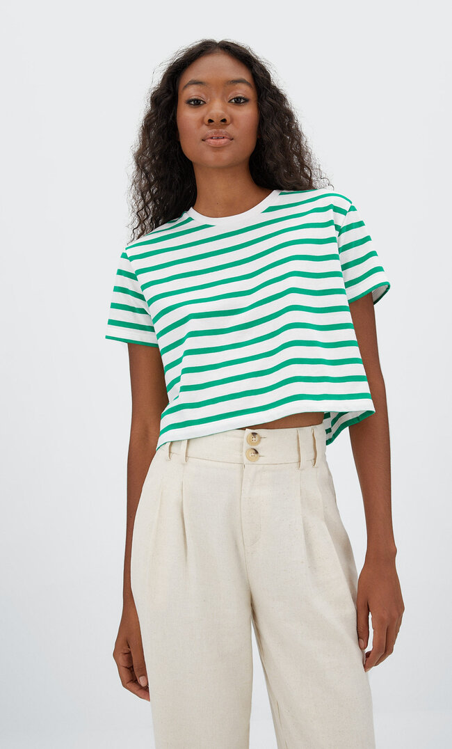 Stradivarius Gestreiftes Cropped-Shirt Grün Xs