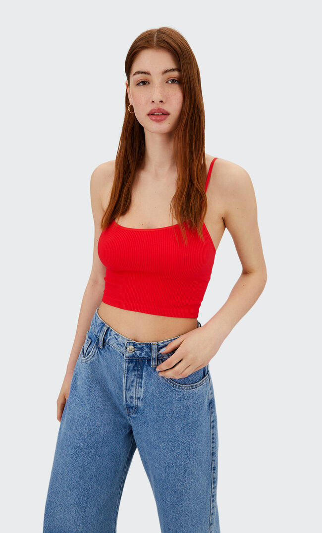 Stradivarius Seamless Crop Top With Thin Straps Red L