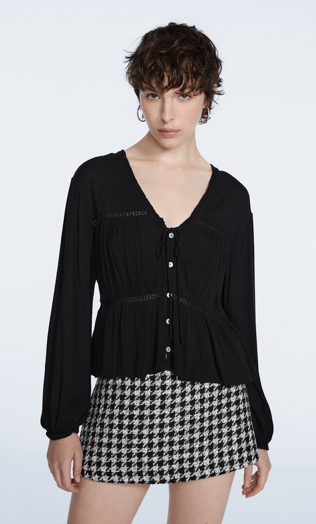 Stradivarius Lace-Trimmed Crepe Blouse Black S