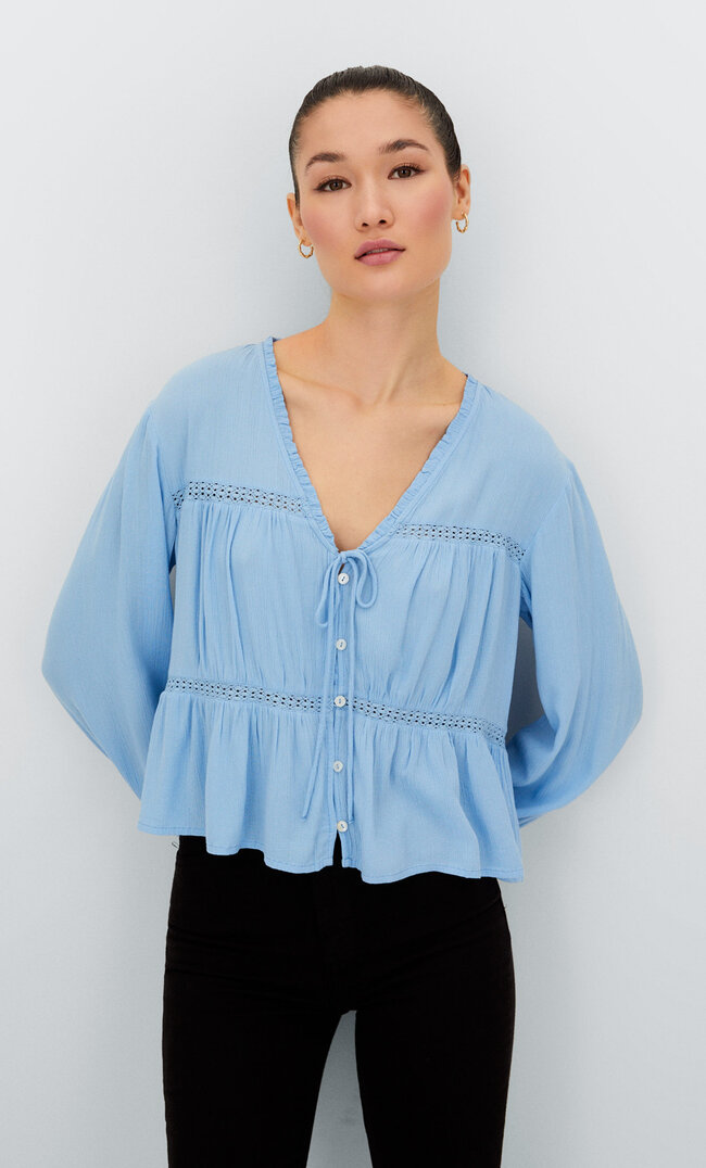 Stradivarius Lace-Trimmed Crepe Blouse Sky Blue S