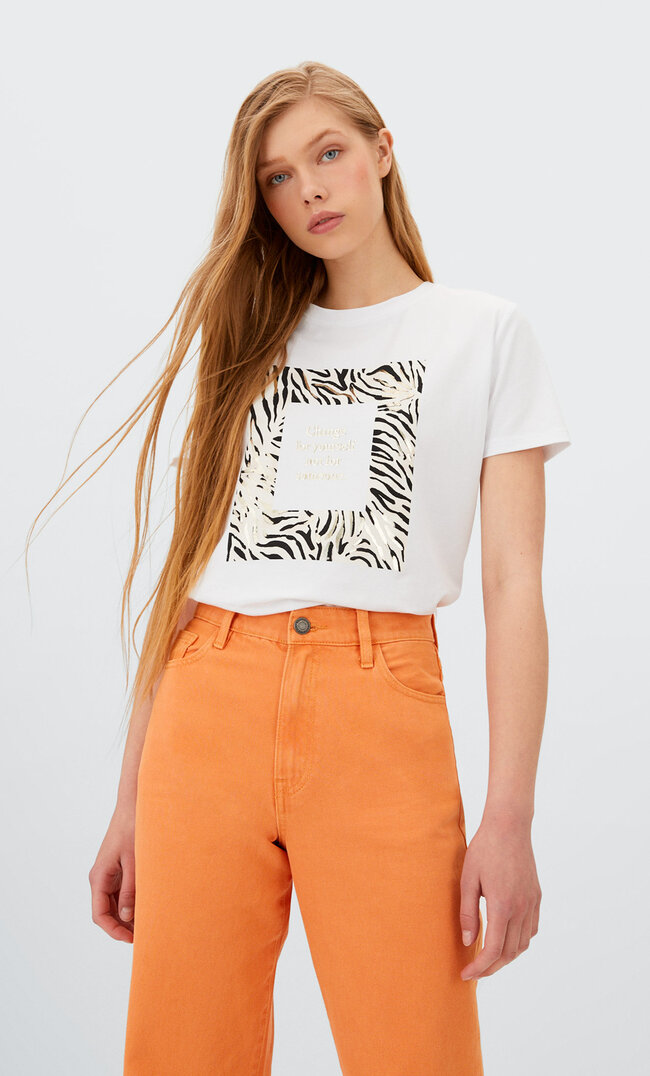 Stradivarius Shirt Mit Folienprint Weiß Xs