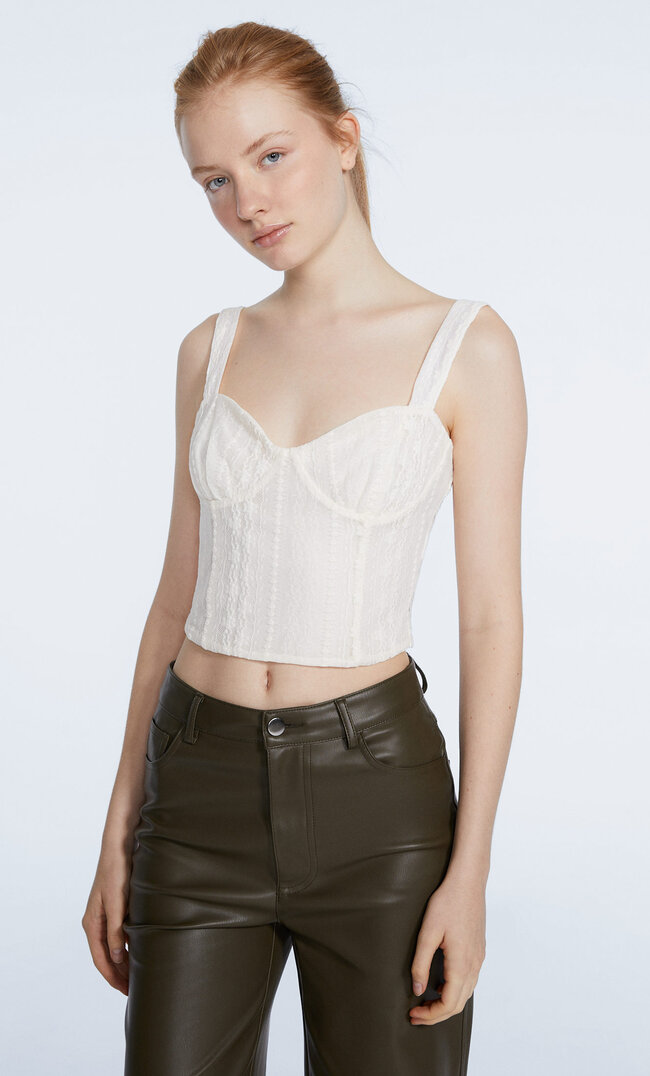 Stradivarius Koronkowy Top Na Ramiączkach Ecru M