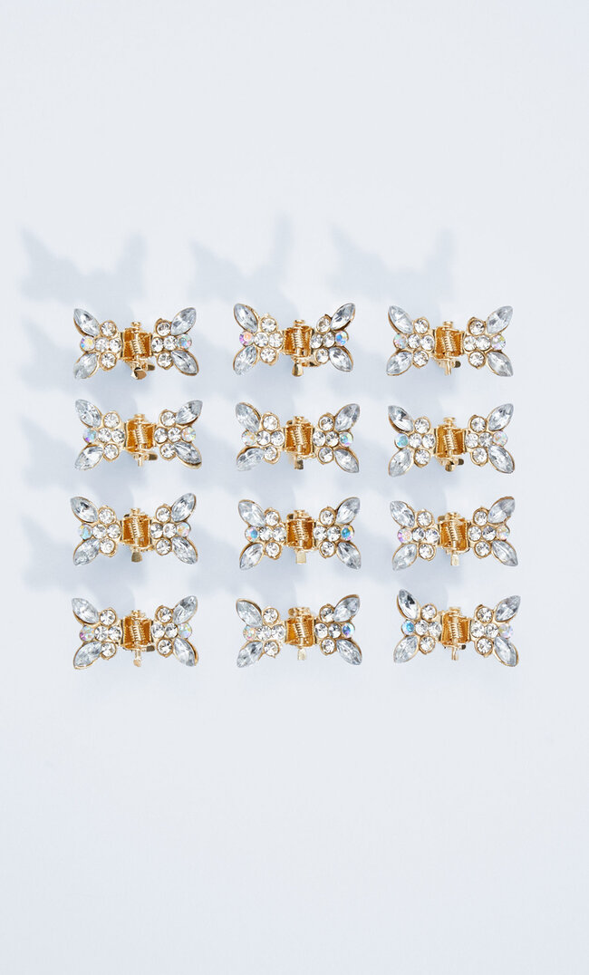 Stradivarius Set Of Mini Butterfly Hair Clips With Rhinestones Yellow M