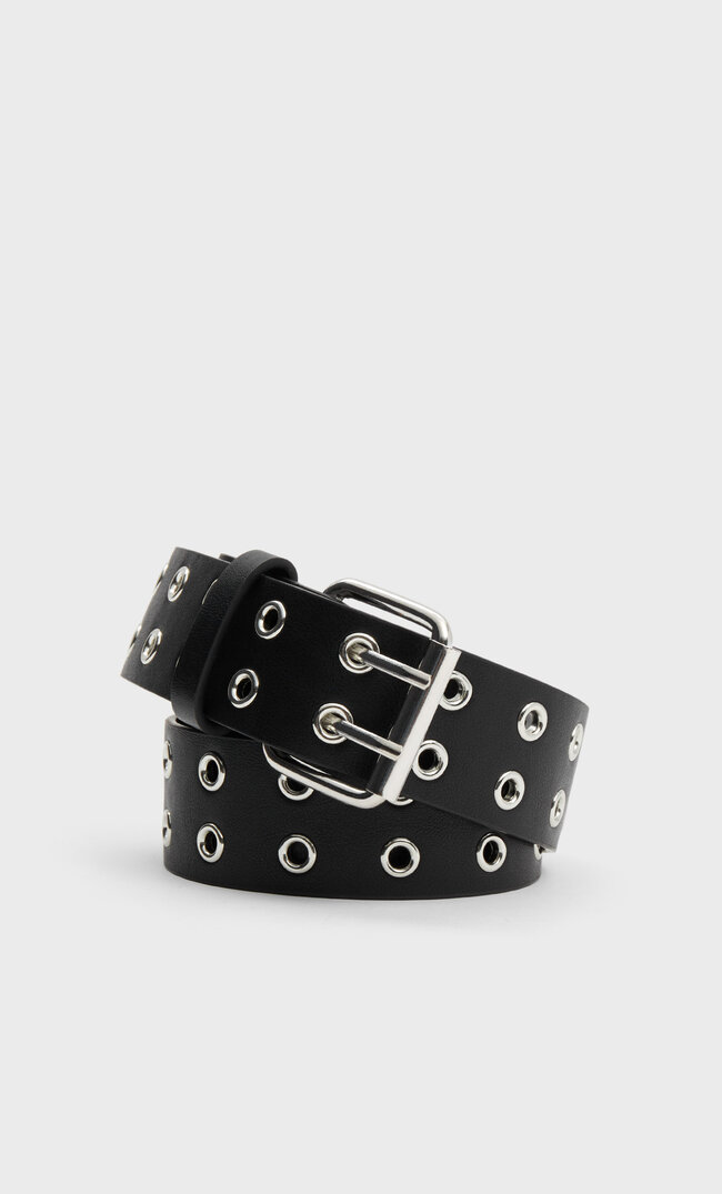 Stradivarius Belt With Eyelets And Square Buckle Black 26