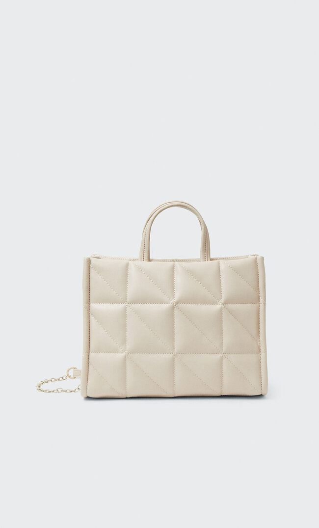 Stradivarius Średnia Pikowana Torebka Tote Ecru M