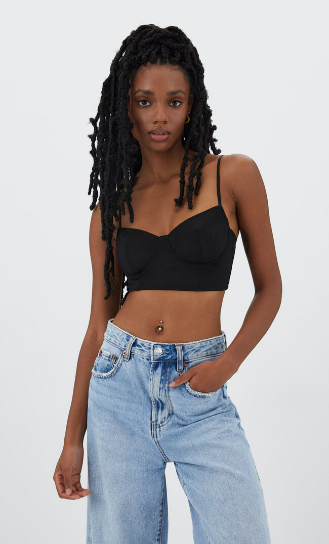 Stradivarius Tiulowy Top Bralette Czarny L
