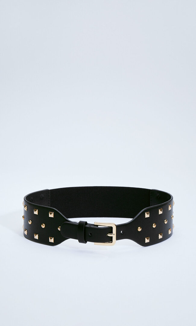 Stradivarius Stretch Sash Belt With Square Studs Black 34