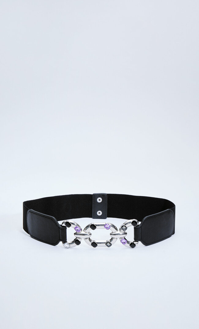 Stradivarius Stretch Belt With Diamanté Buckle Black 30