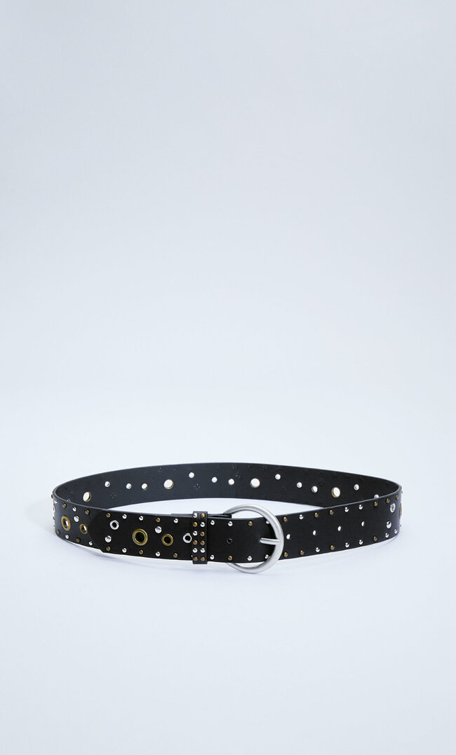 Stradivarius Belt With Gold And Silver Eyelets Black 30