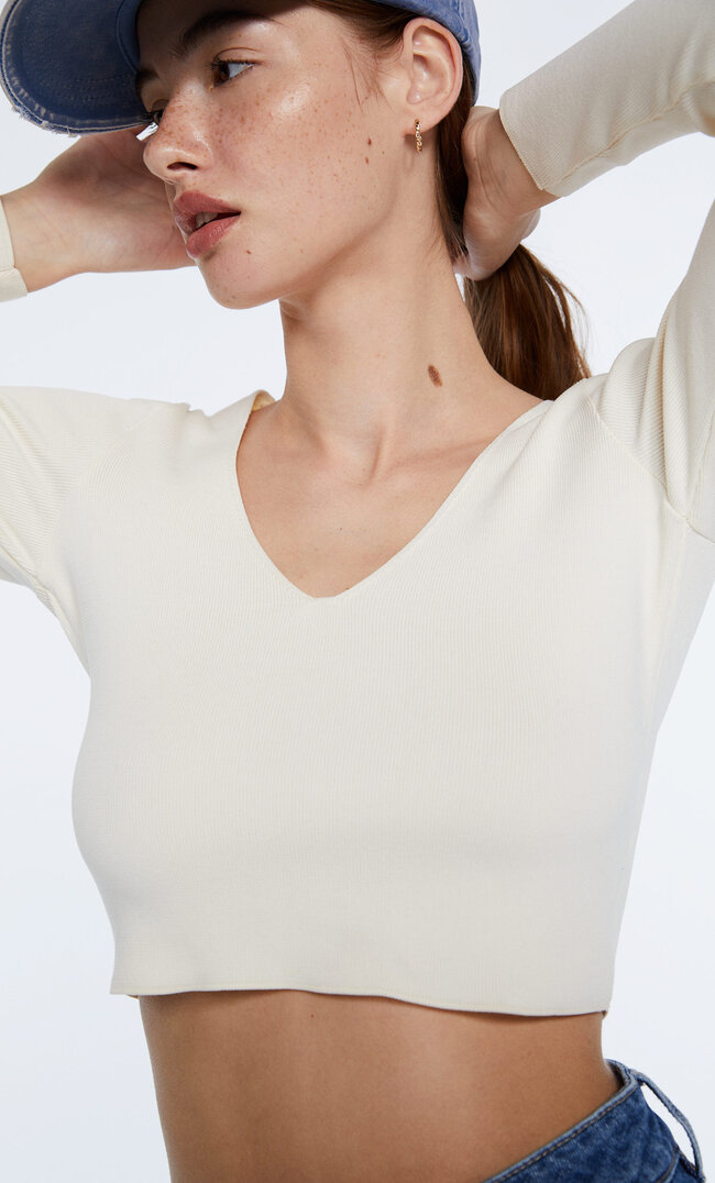 Stradivarius Pullover Mit V-Ausschnitt Vanille Xs