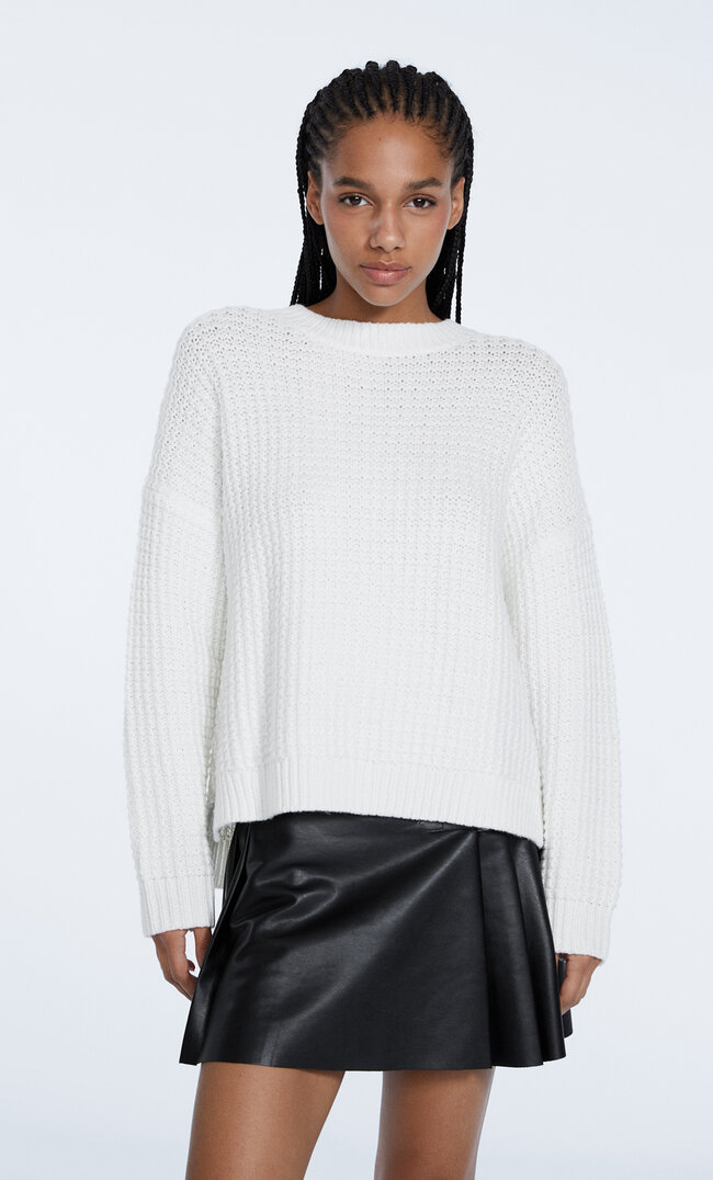 Stradivarius Sweter Basic Z Fakturą Ecru S