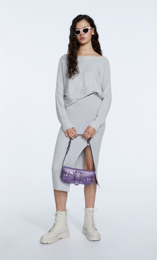 Stradivarius Dzianinowy Sweter Z Dekoltem W Łódkę Popielaty M