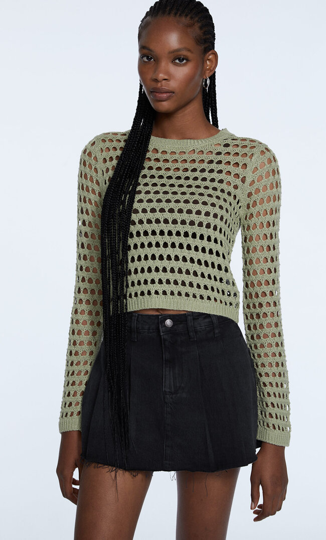 Stradivarius Strickpullover Mit Netzstoff Grün M