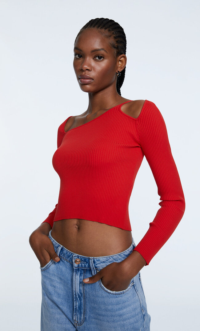 Stradivarius Cut-Out Knit Sweater Bright Red L