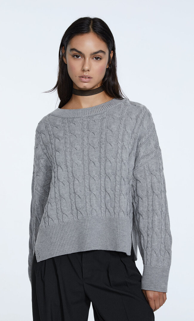Stradivarius Strickpullover Mit Zopfmuster Grau Melange Xl