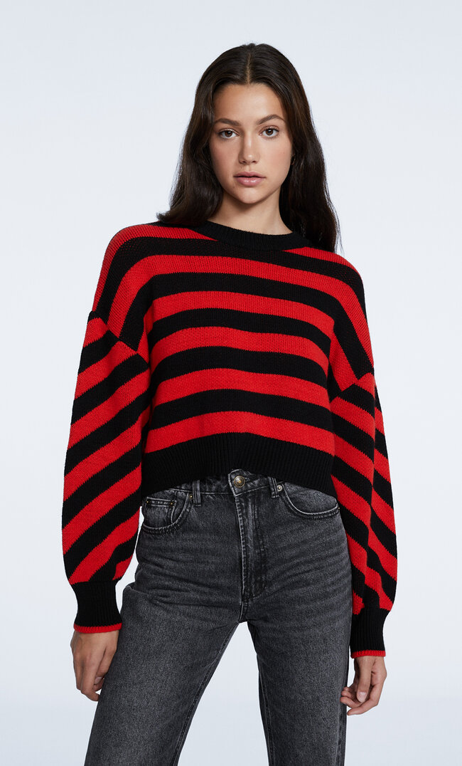 Stradivarius Striped Knit Jumper Bright Red M