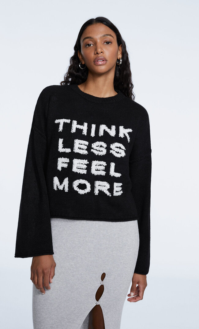 Stradivarius Sweter Z Dzianiny Z Napisem Czarny L