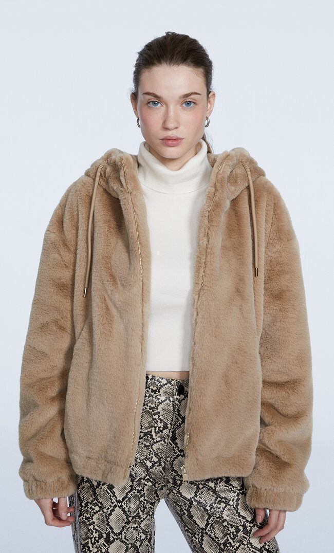 Stradivarius Hooded Faux Fur Jacket Tan S