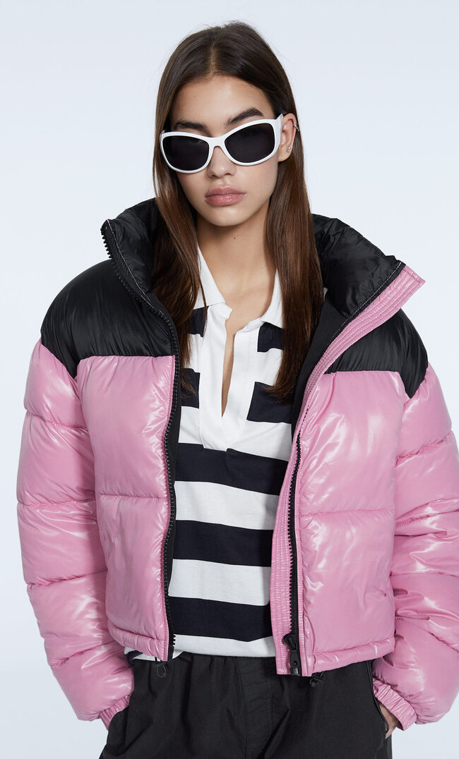 Stradivarius Cropped Colour Block Puffer Jacket Pastel Pink L