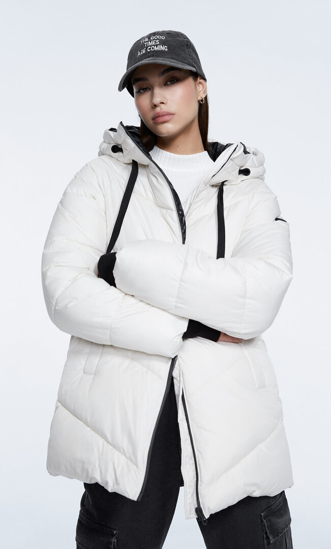 Stradivarius Mid-Length Packaway Puffer Jacket Stone S