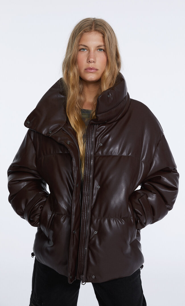 Stradivarius Mid-Length Faux Leather Puffer Jacket Brown S