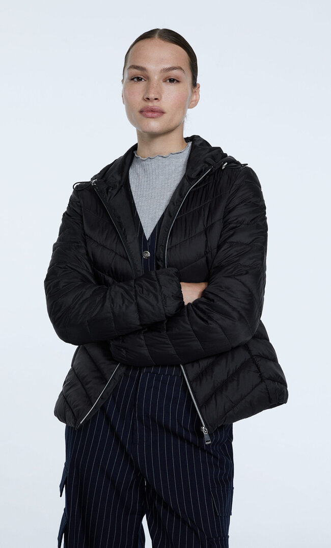 Stradivarius Blouson Matelassé À Capuche Noir Xs
