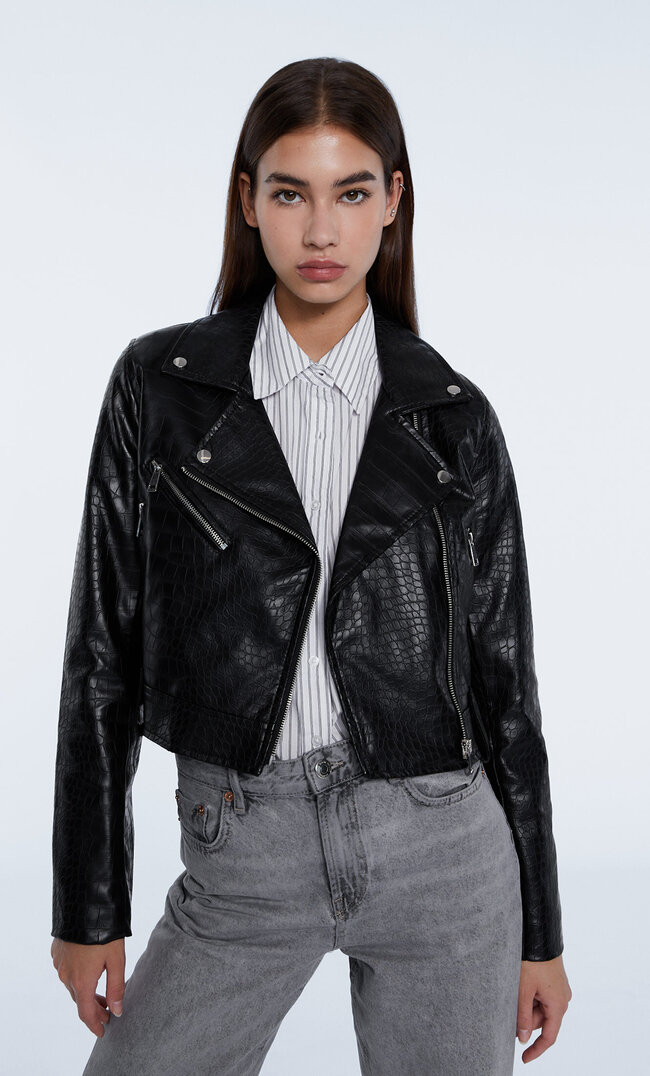 Stradivarius Bikerjacke Mit Krokoprägung Schwarz L