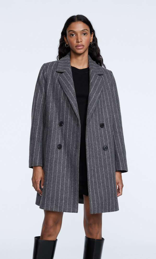 Stradivarius Short Soft-Touch Striped Coat Dark Grey S