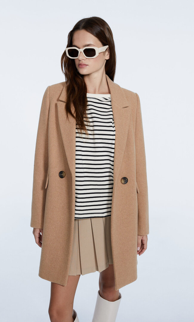 Stradivarius Stoffmantel Beige S