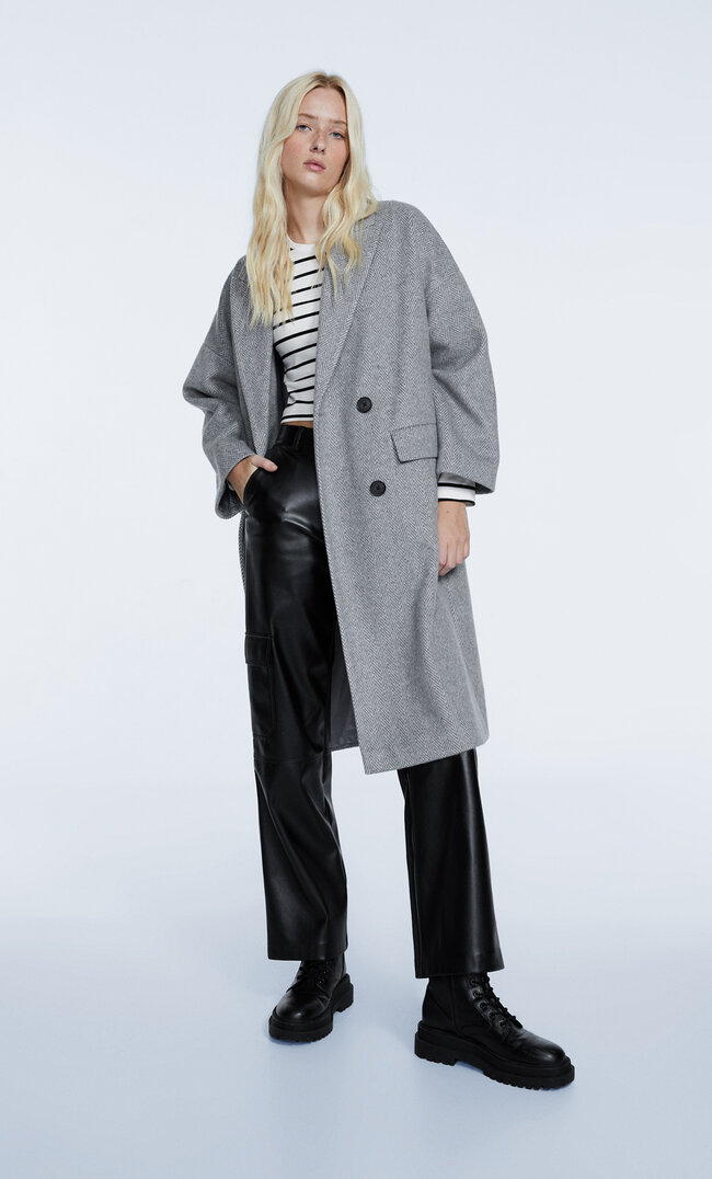 Stradivarius Langer Oversize-Mantel Mit Fischgrätenmuster Graumeliert Xs