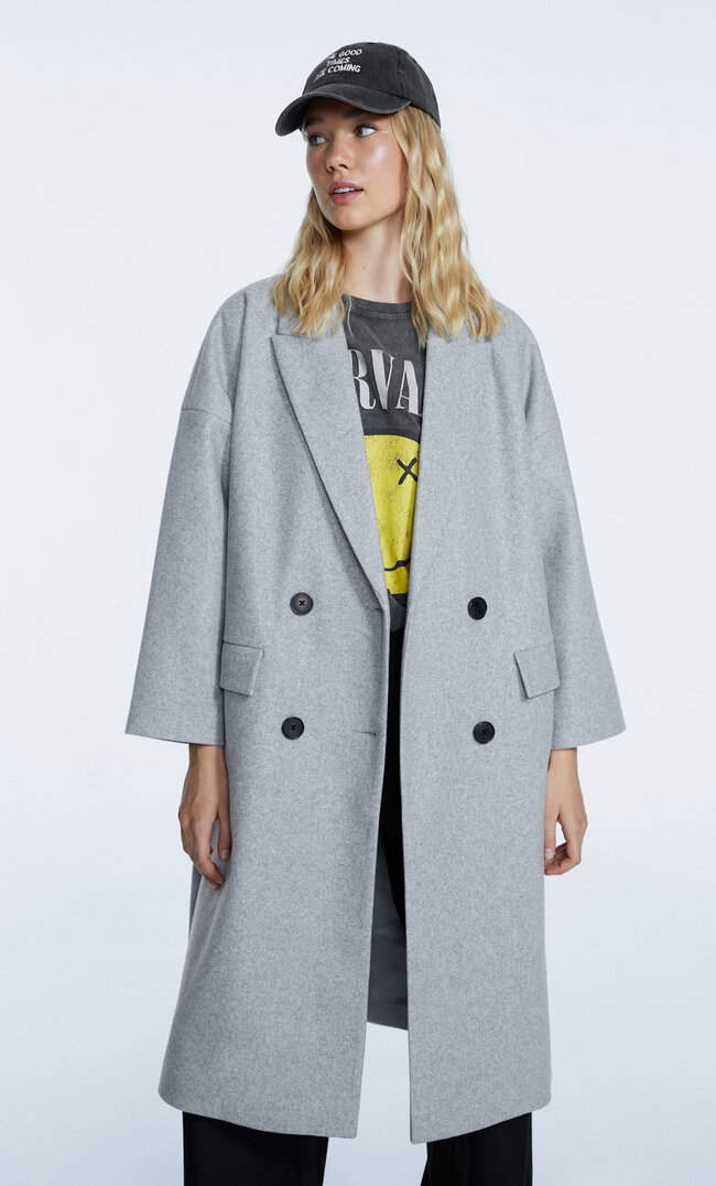 Stradivarius Langer Oversize-Mantel Mit Weicher Haptik Grau Melange Xs
